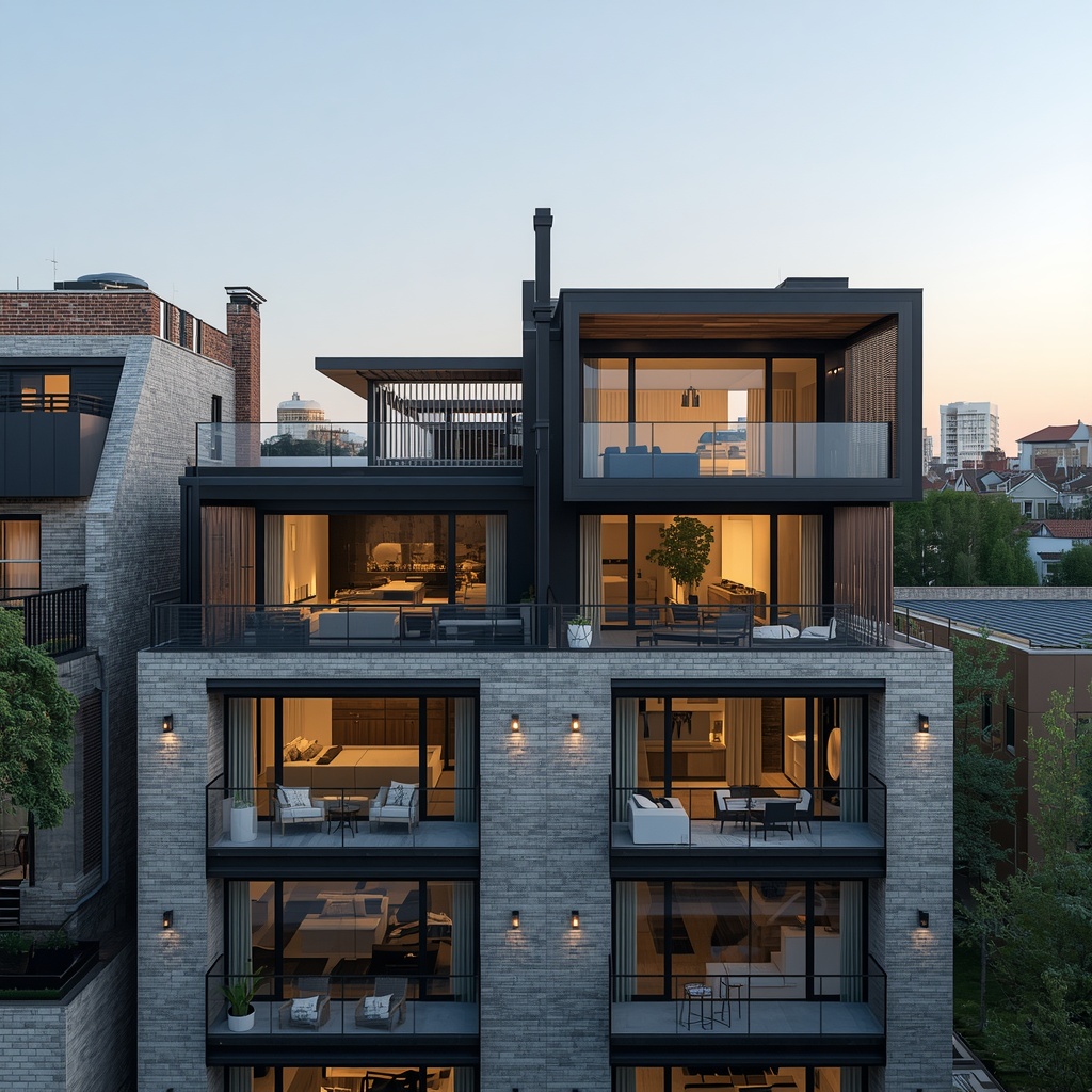 Luxury residential properties with modern architecture in a prime urban location featuring expansive windows and rooftop terraces